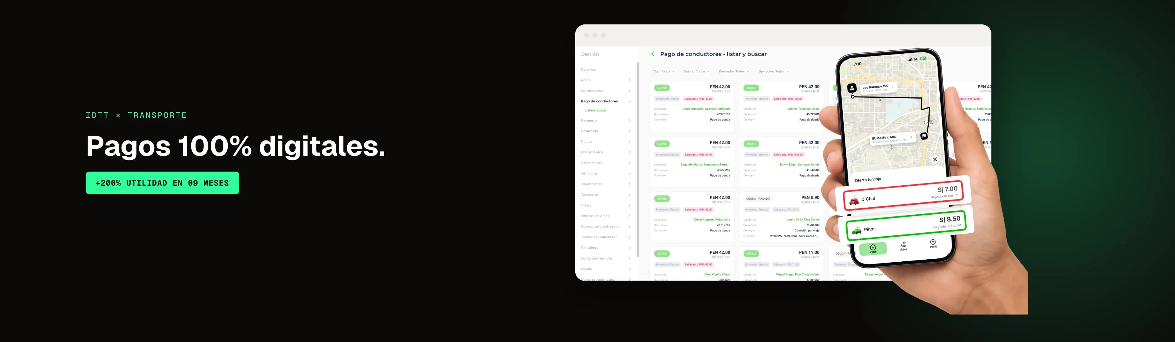 Panel web de pagos a conductores y app móvil de transporte, con el titular «Pagos 100% digitales»