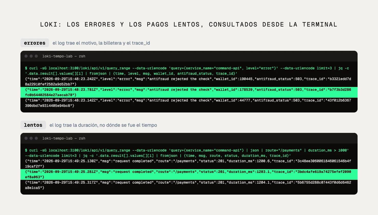 Salida real de la API de Loki con los pagos fallidos y su motivo, y los pagos lentos con su duración